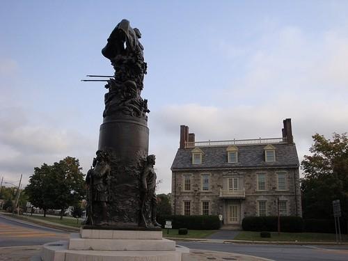 Stone building and statue