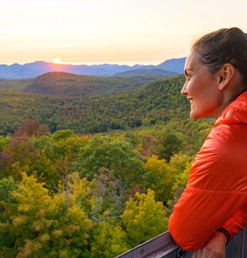 A woman looks out from a fire tower.