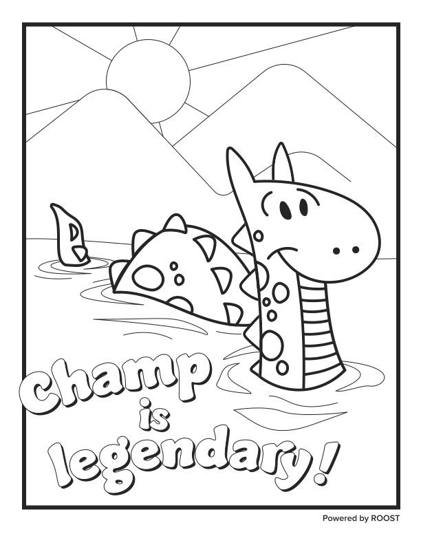 A coloring page showing a drawing of Champ, the Lake Champlain monster