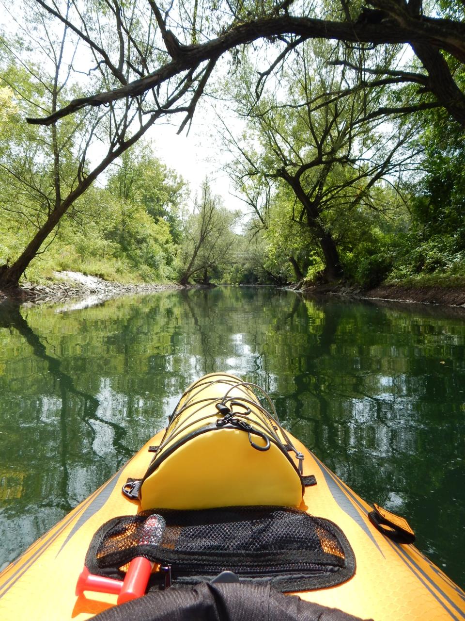 The bow of a kayak pointing down a calm river with trees overhanging the water.
