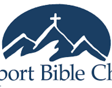 A blue background with a cross atop a mountain over Westport Bible Church.