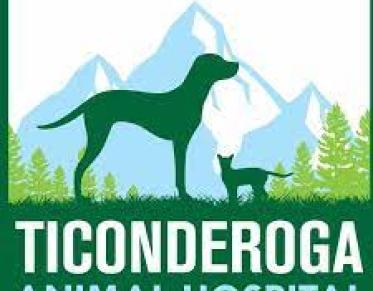 A silhouette of a dog and a cat in front of a mountain range with pine trees.