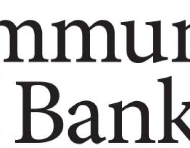 The white banner with black letters of Community Bank logo