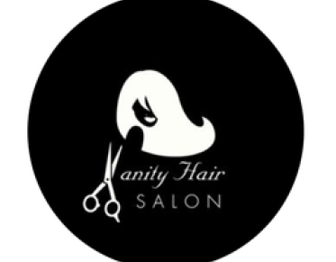 A black circle with a relief of a person with luscious long hair and bangs and Vanity Hair Salon with the V replaced with a pair of sheers