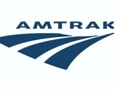 Logo for Amtrak of a white background and blue lettering