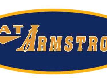 Pat Armstrong on a blue badge with gold trim and lettering.