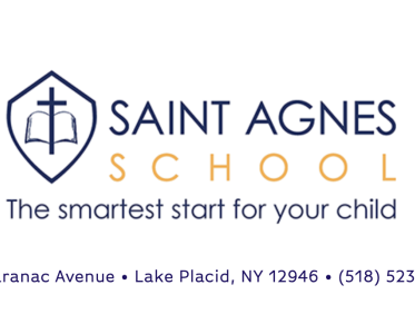 Logo for Saint Agnes School with a cross bisecting a book within a sheild.