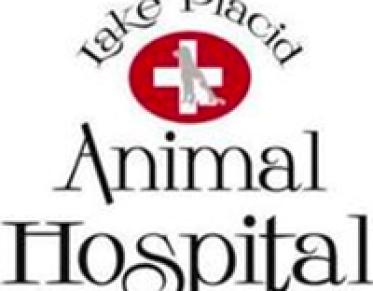 Lake Placid Animal Hospital logo of red circle with white cross and grey dog silhouette in center.