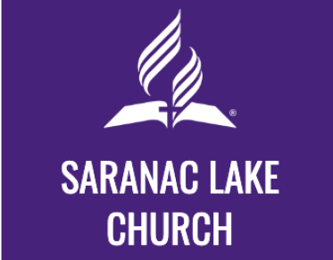 Logo for Saranac Lake Church with blue background and white lettering and an open book with flag rising from it