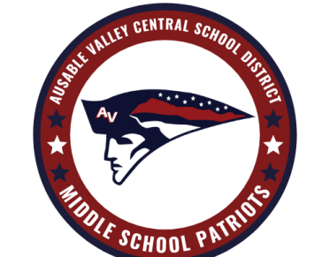 A circular badge with a profile of a man with a colonial hat that is striped red