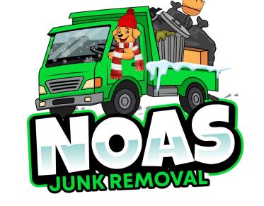 An illustration of a happy dog driving a green dumptruck.