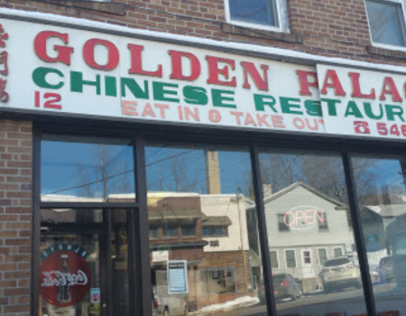 A large white sign above the window reading Golden Palace Chinese Restaurant.