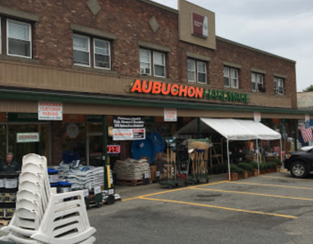Exterior of the brick building that houses Aubuchon Hardware in Ticonderoga.