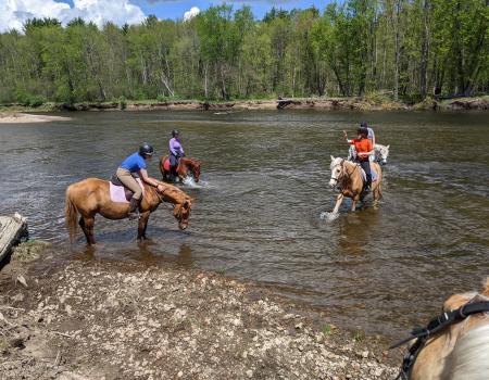 children riding horses in a river