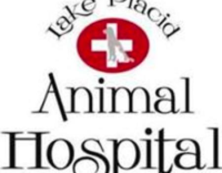 Lake Placid Animal Hospital logo of red circle with white cross and grey dog silhouette in center.