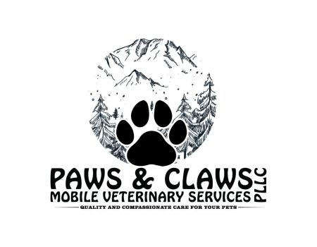 logo of black paw in front of black and white mountainscape 