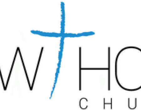 the text New Hope Church with a blue hand drawn looking cross between 'New' & 'Hope'.
