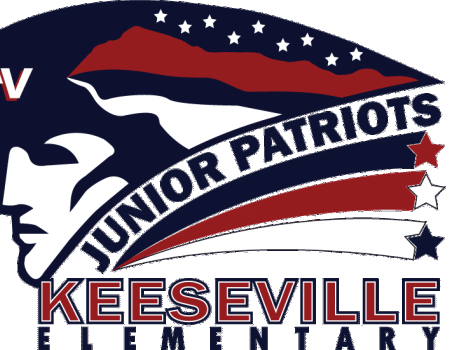 Junior Patriots profile view of a colonial man with red white and blue stars with banner trails behind.