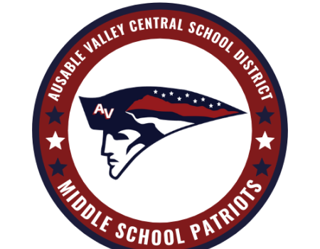 A circular badge with a profile of a man with a colonial hat that is striped red