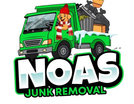 An illustration of a happy dog driving a green dumptruck.