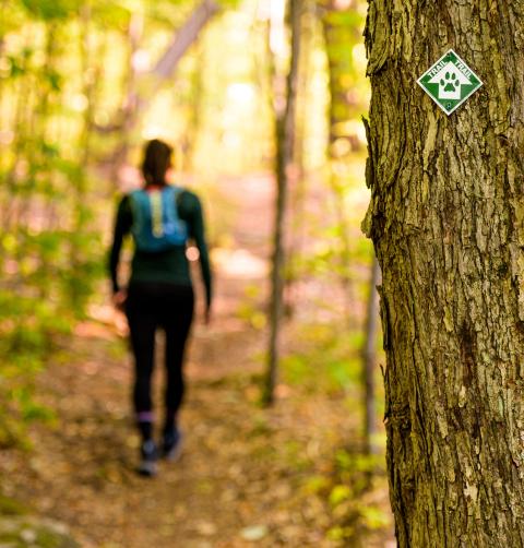A woman walks past a trail marker. 