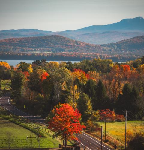A fall landscape with mountains and a lake in the background. 