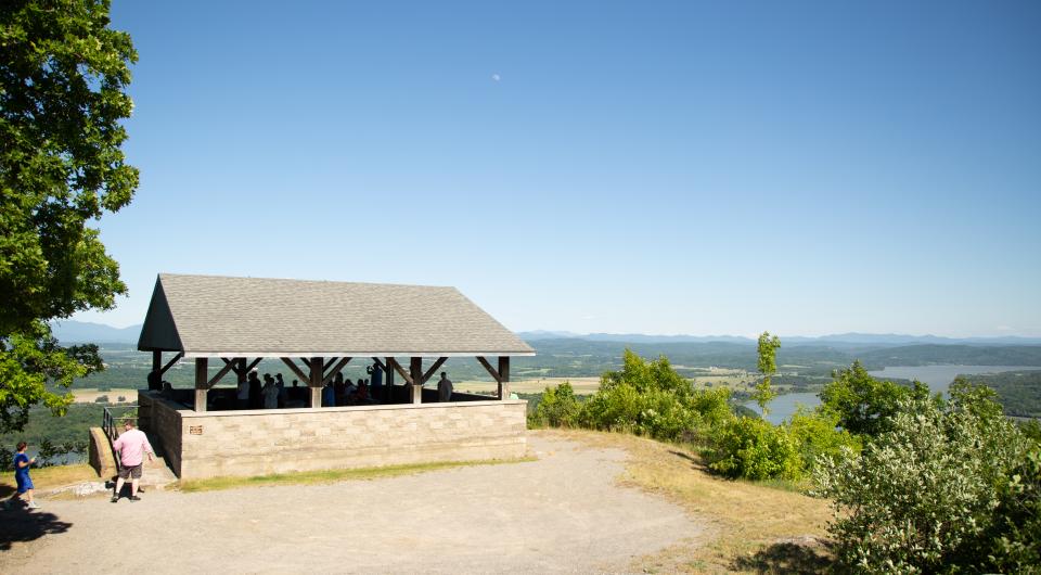 The summit&#44; pavilion and view from Mt Defiance.