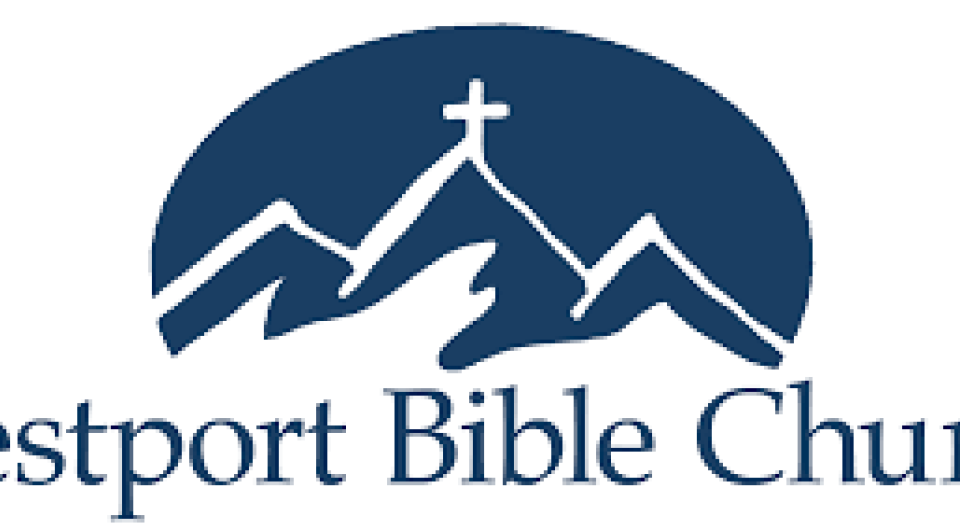 A blue background with a cross atop a mountain over Westport Bible Church.