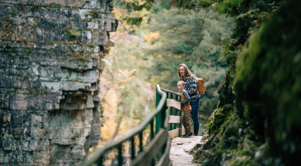 A mother and son peer over the railing into the chasm