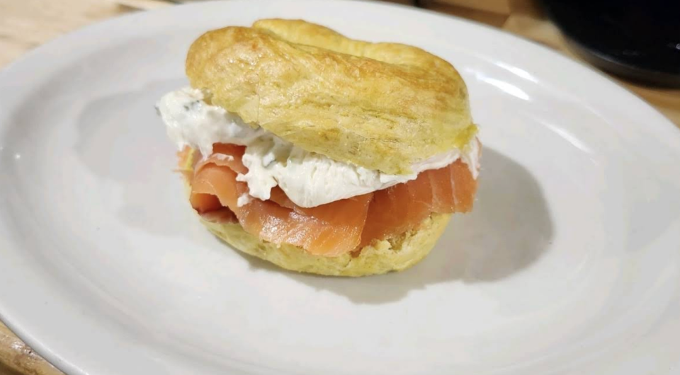 A smoked salmon and cream cheese sandwich on a bagel from Ticonderoga Bagel & Coffee