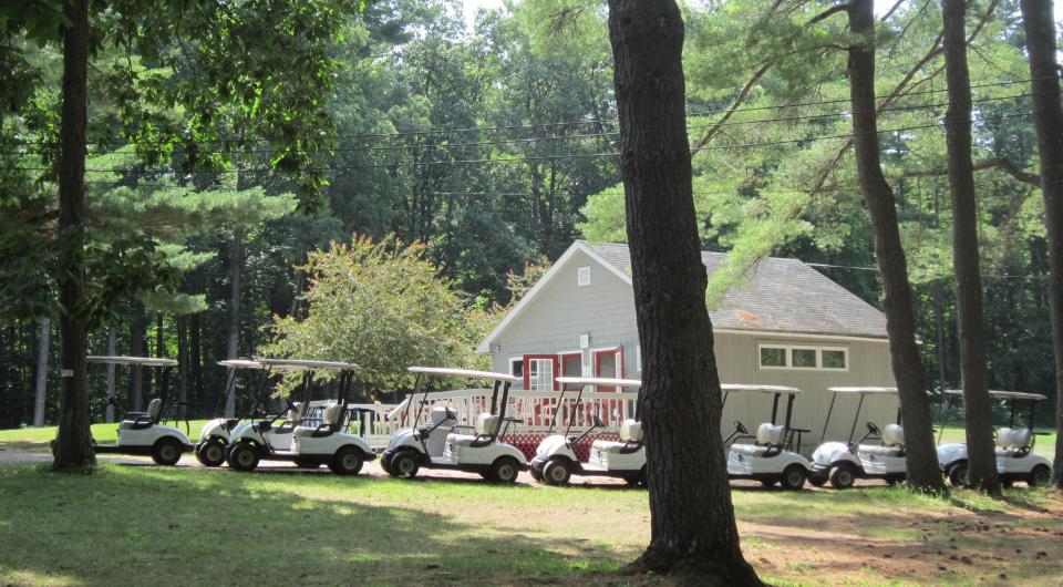 Many golf carts sit in a line at the Willsboro Golf Course.
