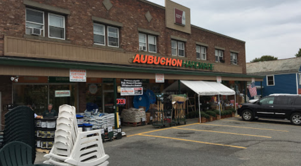 Exterior of the brick building that houses Aubuchon Hardware in Ticonderoga.