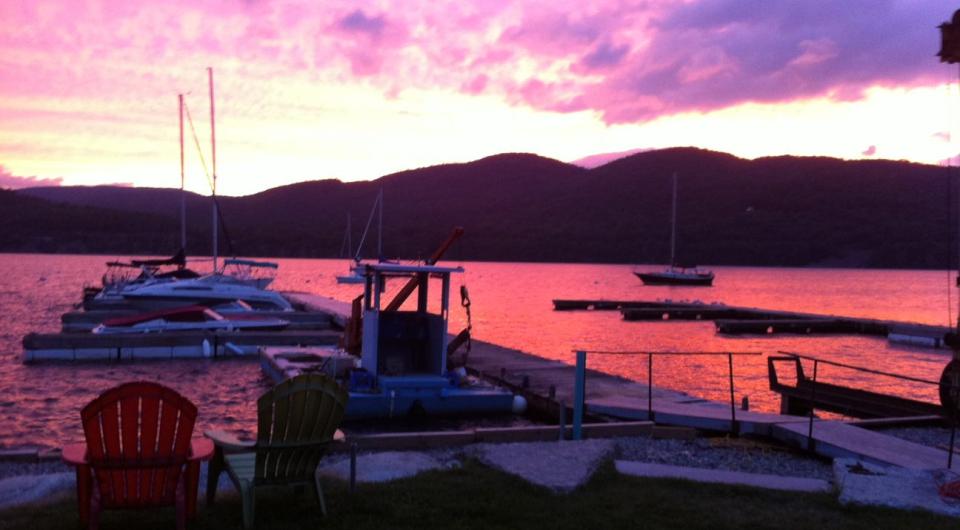 A marina dock at sunset