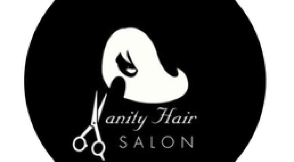 A black circle with a relief of a person with luscious long hair and bangs and Vanity Hair Salon with the V replaced with a pair of sheers