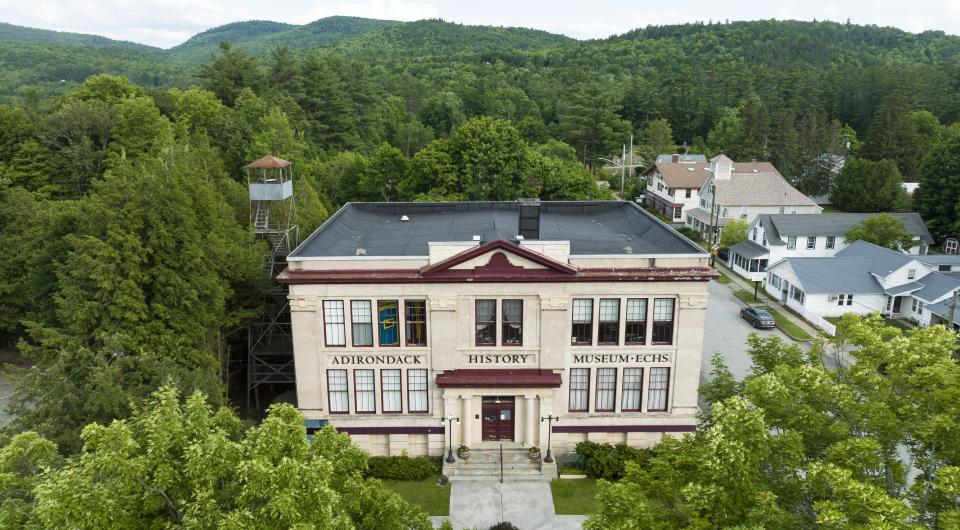 An aerial view of the front of Adirondack History Museum