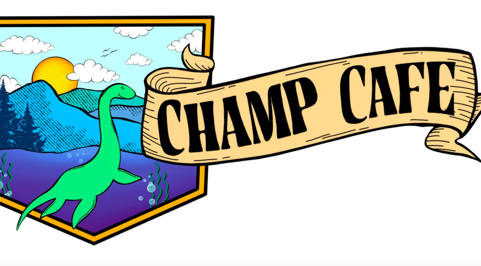 A shield shaped frame with champ in the center with lake