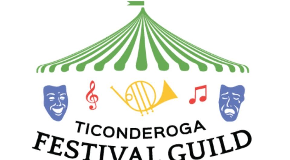 An illustration of a circus tent with green stripes over Ticonderoga Festival Guild.