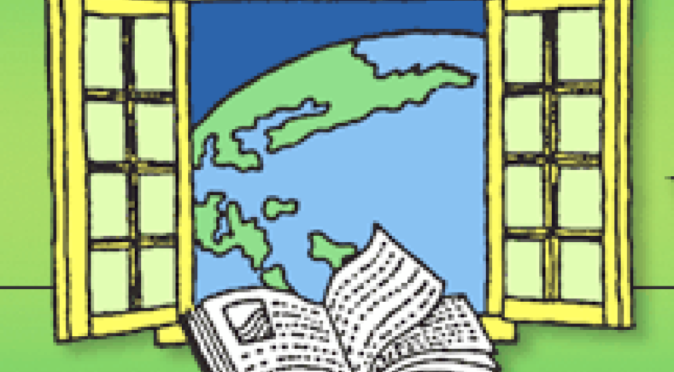 An illustration of the globe through an open window with an open book