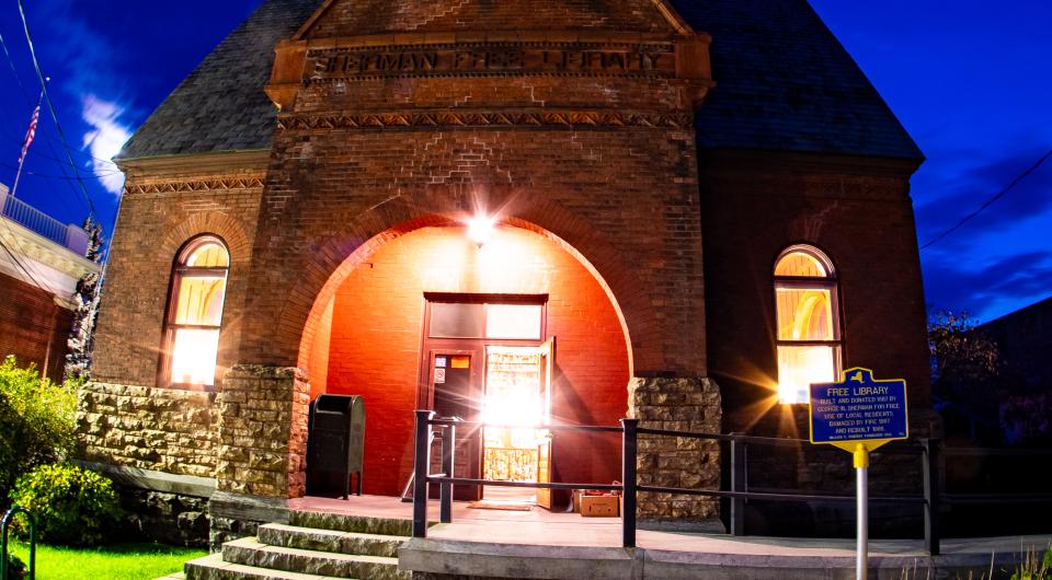 library exterior at night