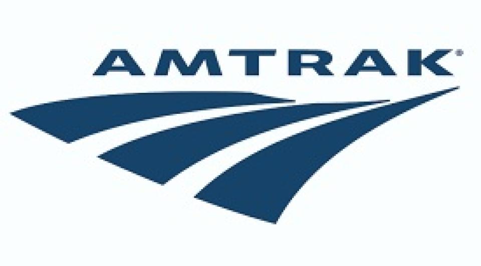 Logo for Amtrak of a white background and blue lettering