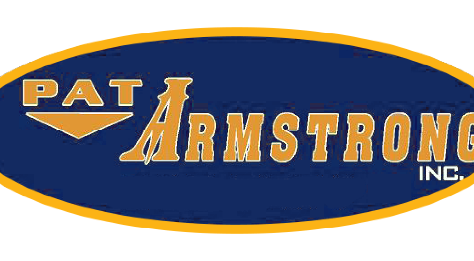 Pat Armstrong on a blue badge with gold trim and lettering.