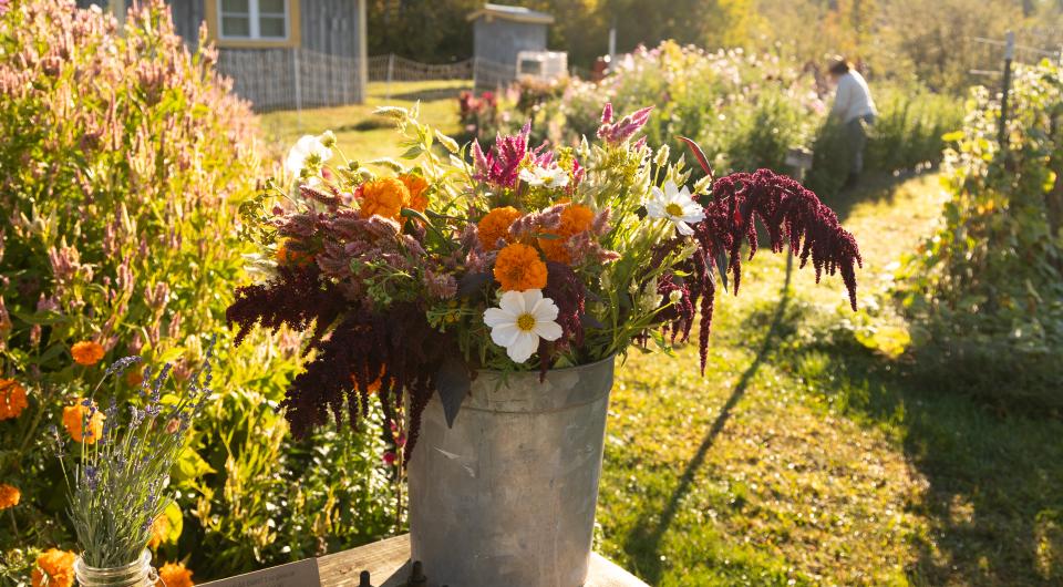 A bucket of flowers sit on a table with tinctures and salves displayed.