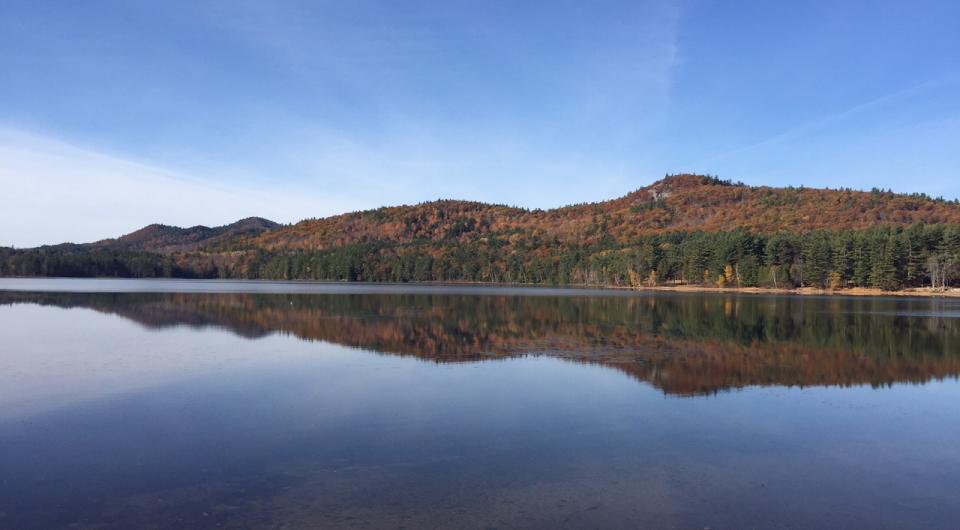 A mirrored-view on the water of mountains.