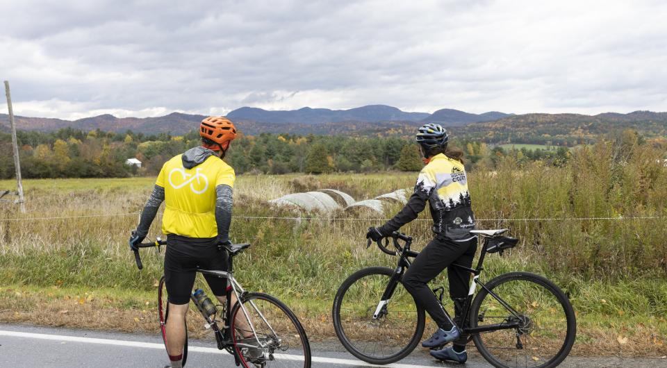 Two cyclists look at a farm field