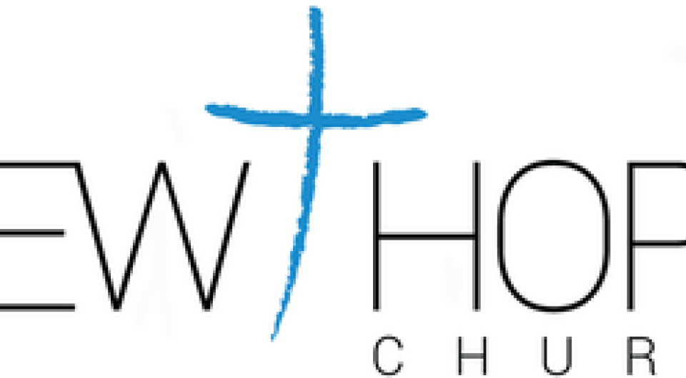 the text New Hope Church with a blue hand drawn looking cross between 'New' & 'Hope'.