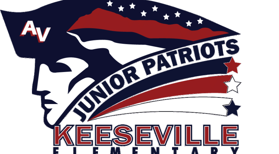 Junior Patriots profile view of a colonial man with red white and blue stars with banner trails behind.