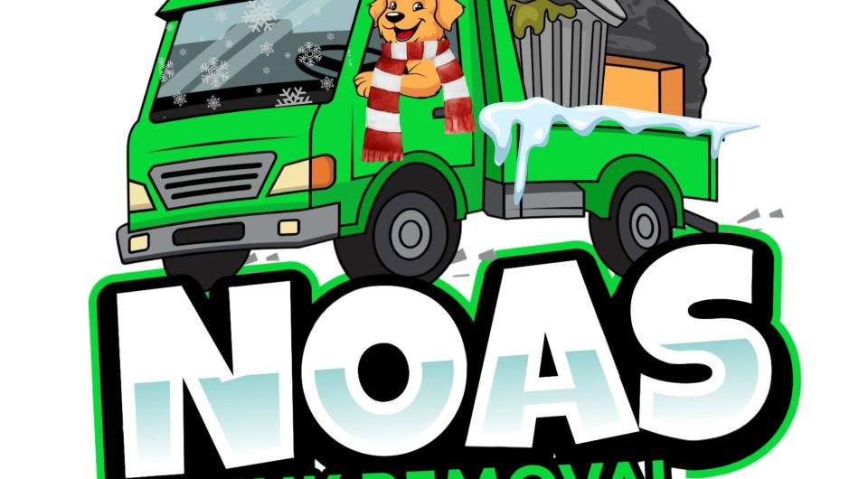 An illustration of a happy dog driving a green dumptruck.