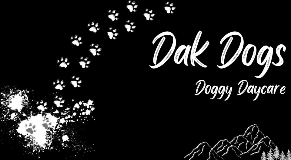 A black banner with white writing 'Dak Dogs Doggy Daycare with mountains