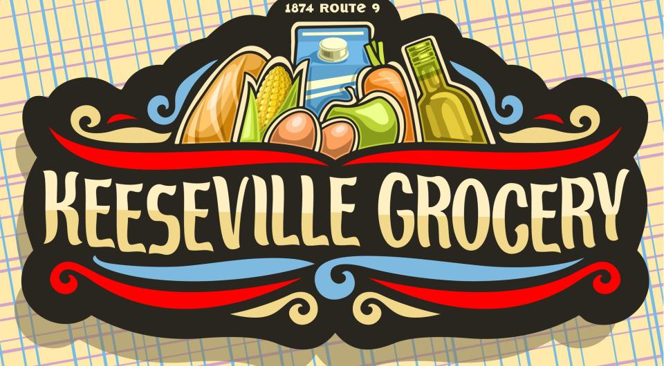 Keeseville Grocery logo with bright illustrations of bread