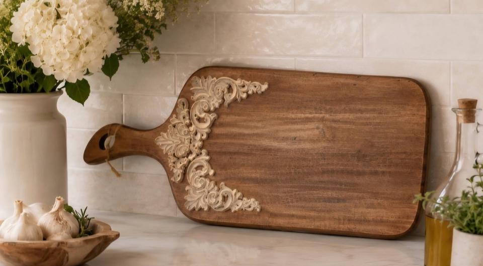 Charcuterie board with raised decorative boarder